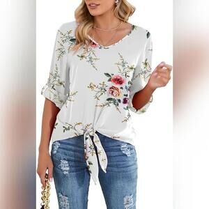 NWT SUEANI Women's Tie Front Tops Roll Up Sleeve V Neck Chiffon Blouse, 2XL